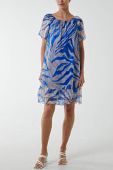 Royal Blue Zebra Print Bardot Sheer Mini Dress For Women ONE SIZE - Dropwear
